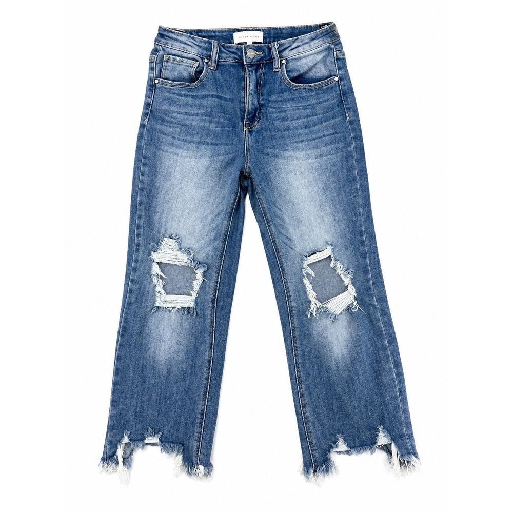 Risen Jeans 7/28 Distressed Sharkbite Hem Crop Raw Hem Denim Blue Grunge Modern